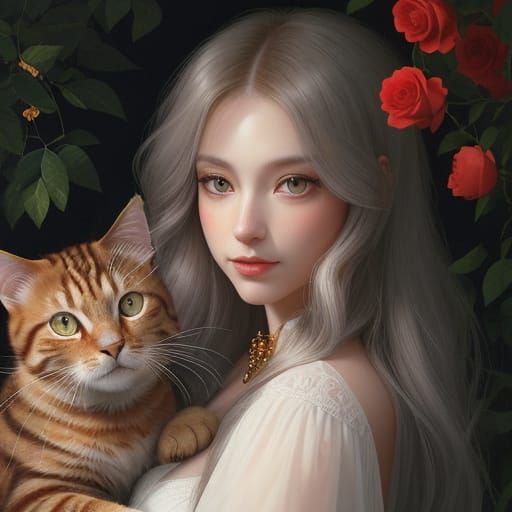 Ginger Cat Watches Skink Amidst Poppies and Roses