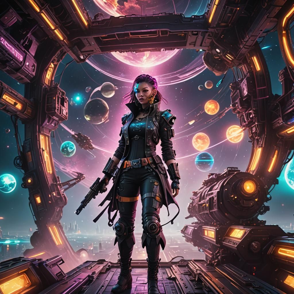 Cyberpunk Space Pirate in Neon Tech Outfit