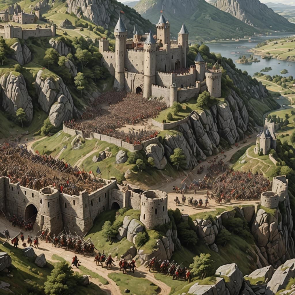 Medieval Army Sieges Distant Castle in Summer