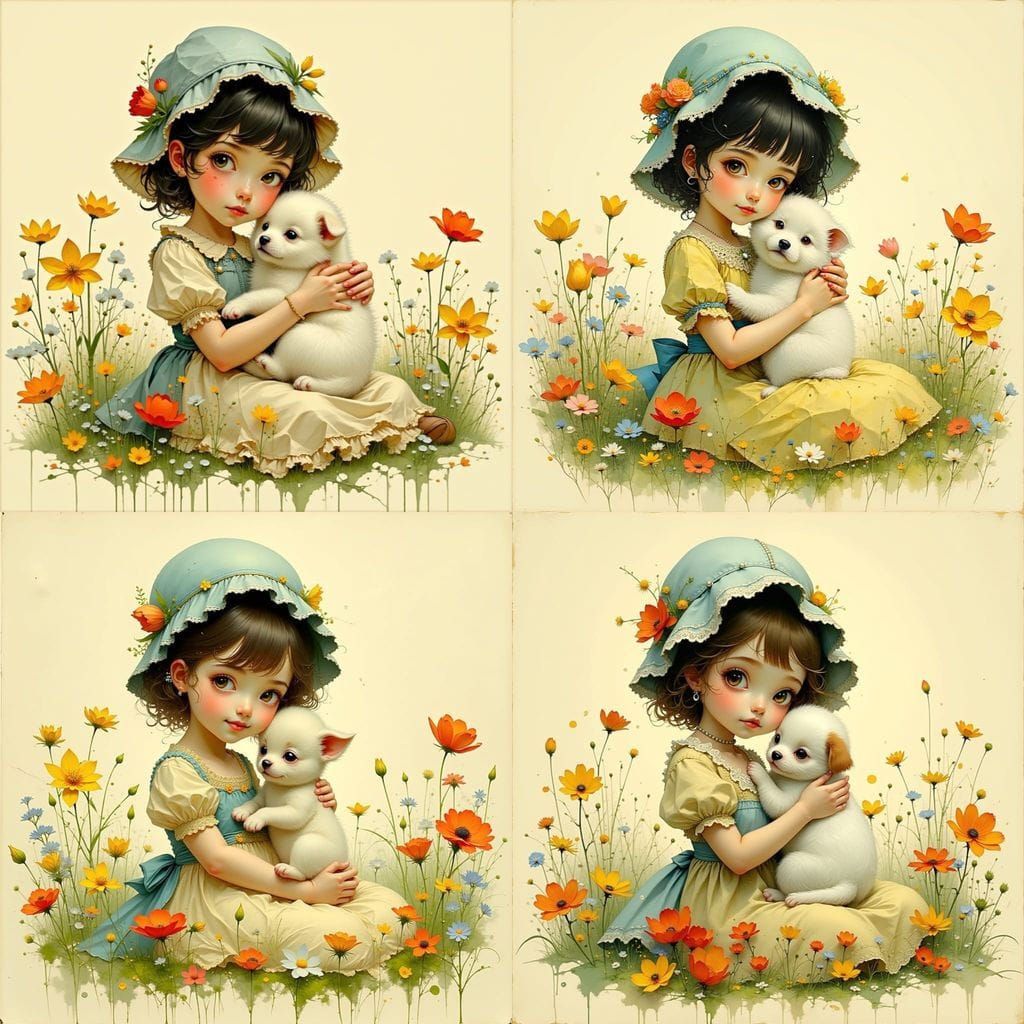 A Young Girl with a Pomeranian in a Floral Dress Against a B...