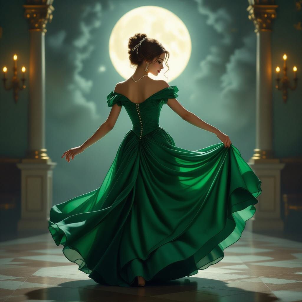 Elegant Woman Dancing in Moonlit Ballroom Oil Painting
