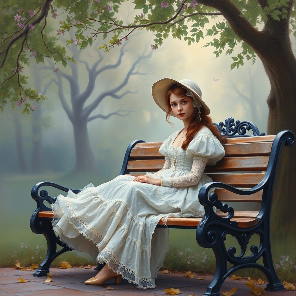 Ethereal 19th Century Woman in Whimsical Park Scene, Oil Pas...