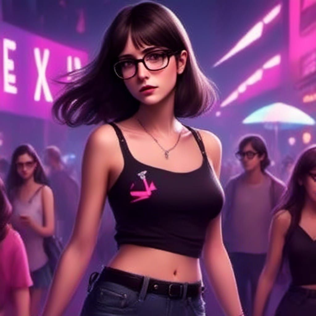 Woman Dancing at Rave in Synthwave Neon Style