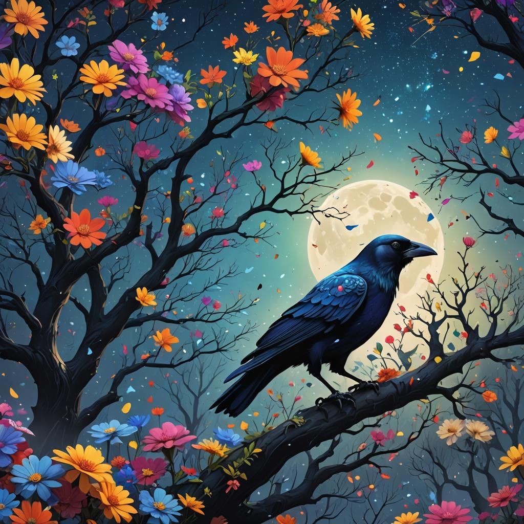 Blue Crow with Flowers in Wonderland Splatter Art