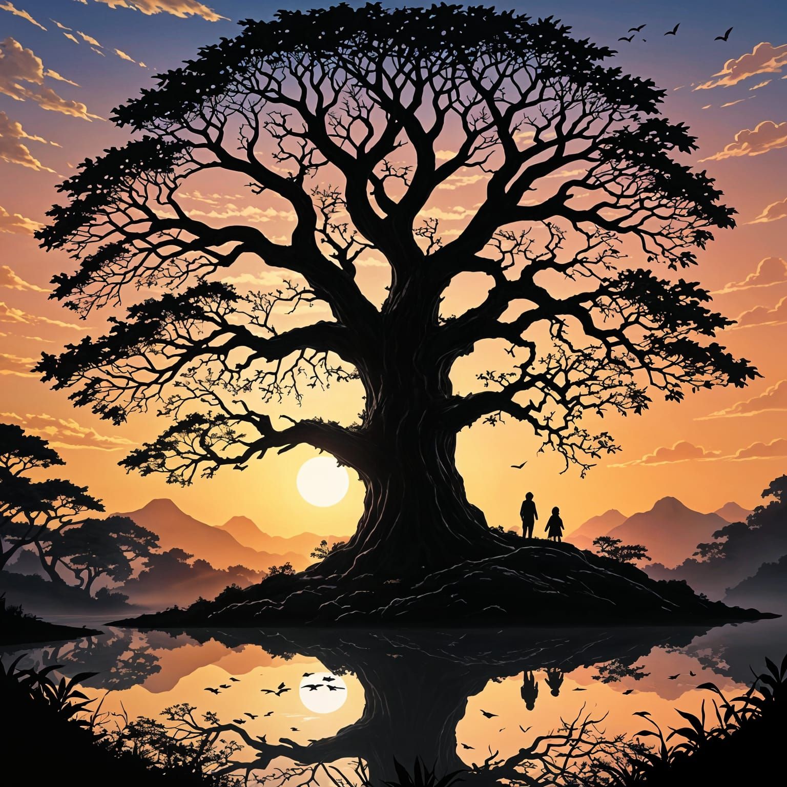Tree of Life Silhouette in Vibrant Sunrise Colors