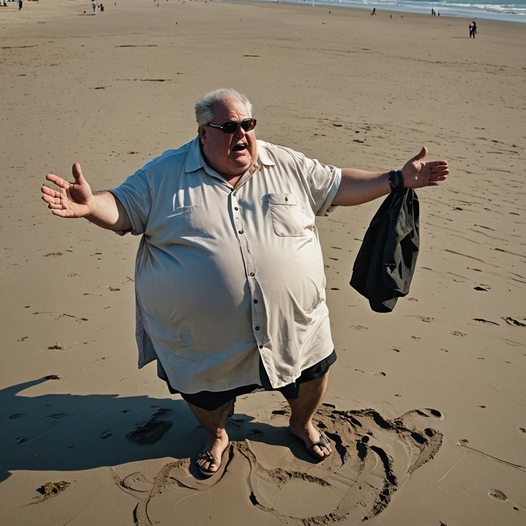 Overweight Man Embraces Sunrise on Beach