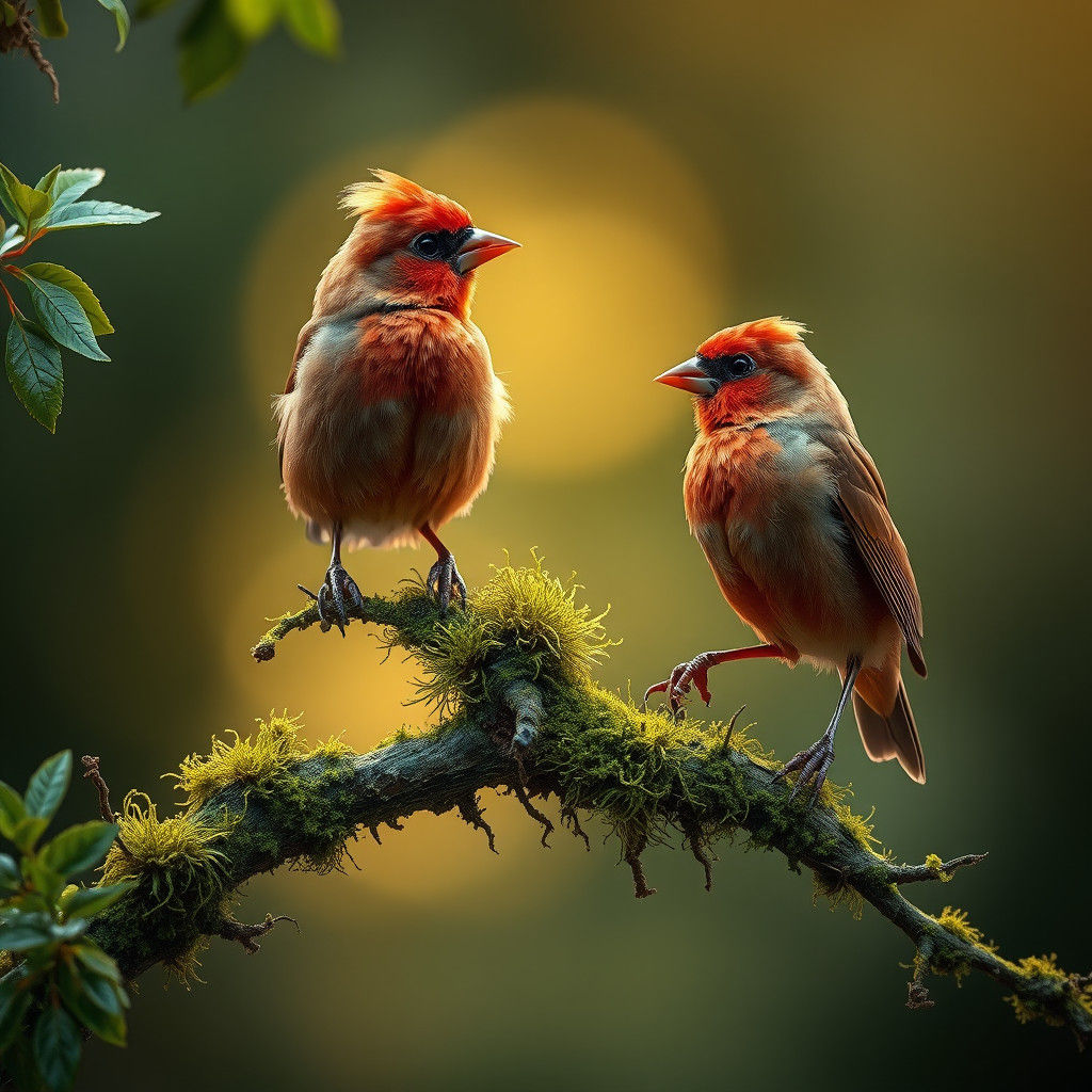 Hyperrealistic Red Finches on Mossy Branch