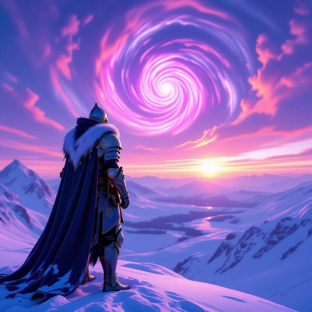 Majestic Knight in Neon Sunset Over Frozen Peaks