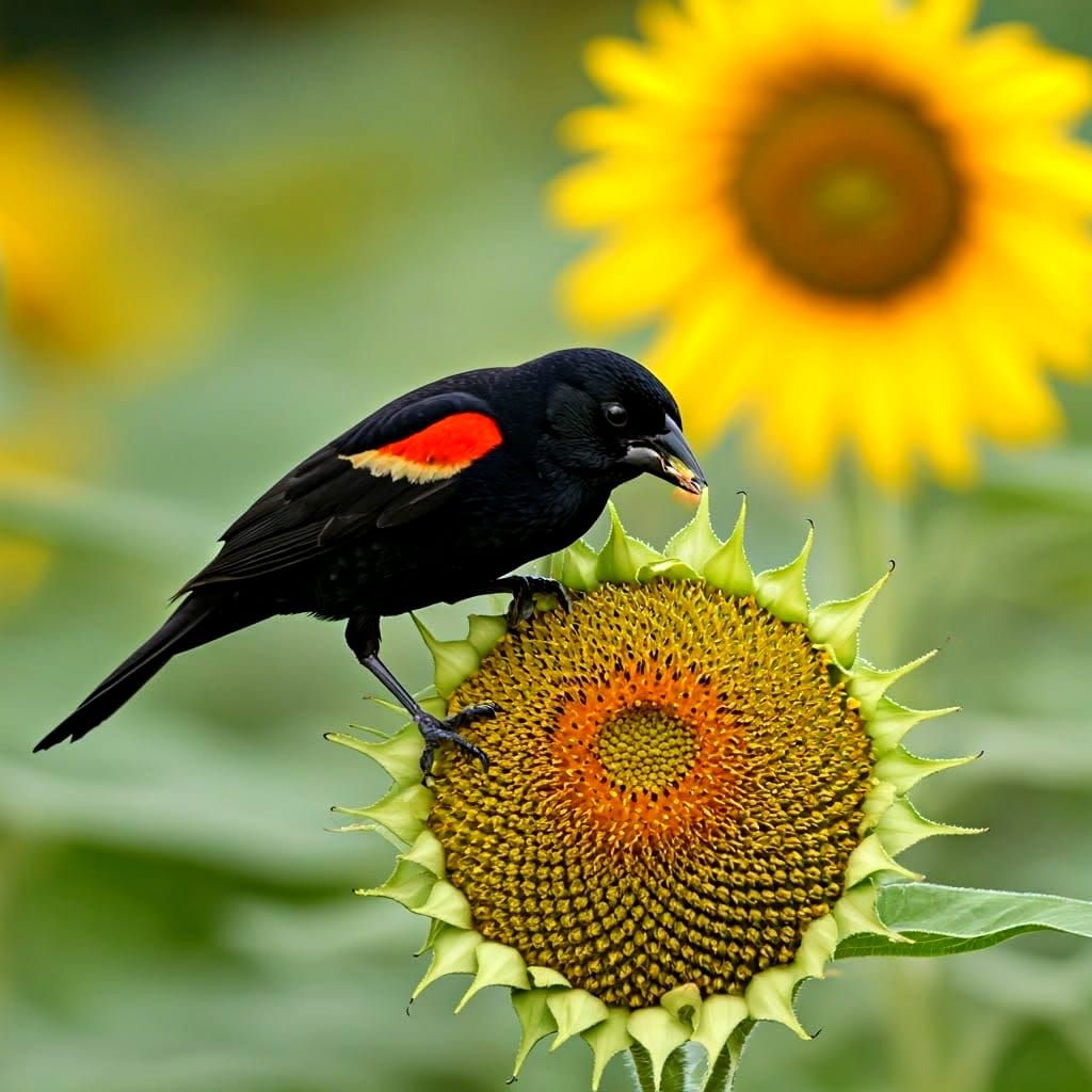 Red Winged Blackbird Feasting on Sunflower Seeds in Full Blo...