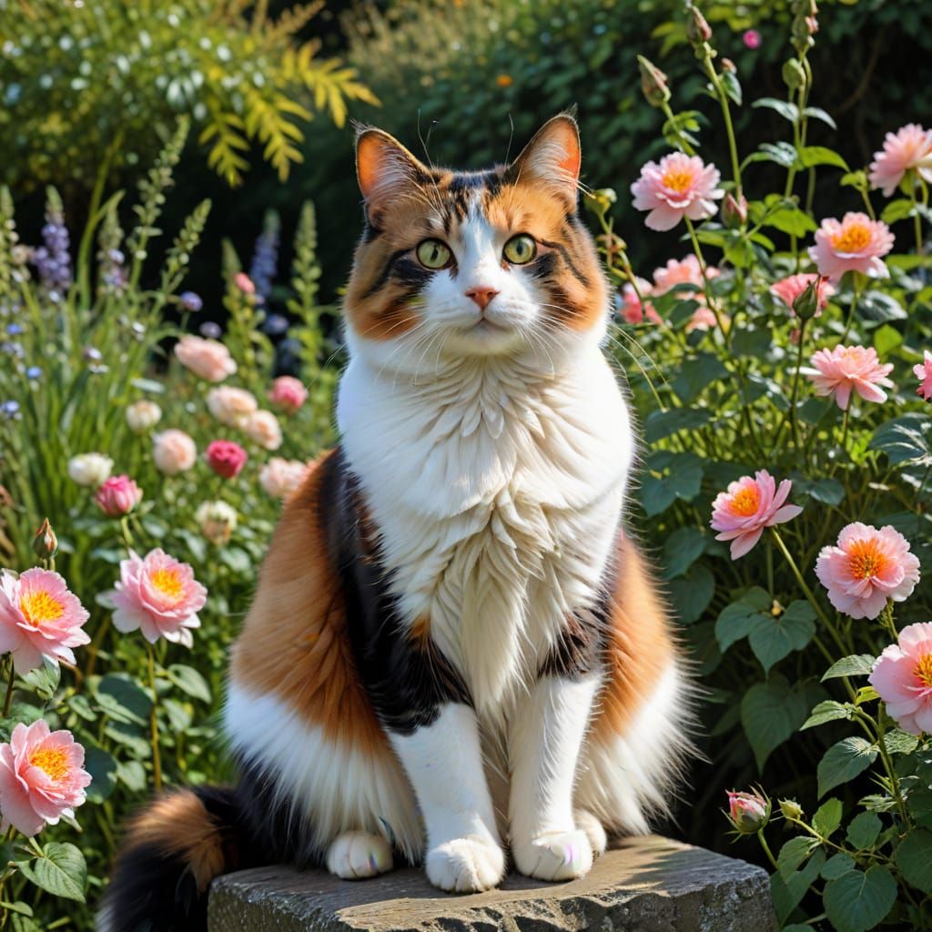 Calico Cat in a Lush Impressionist Garden