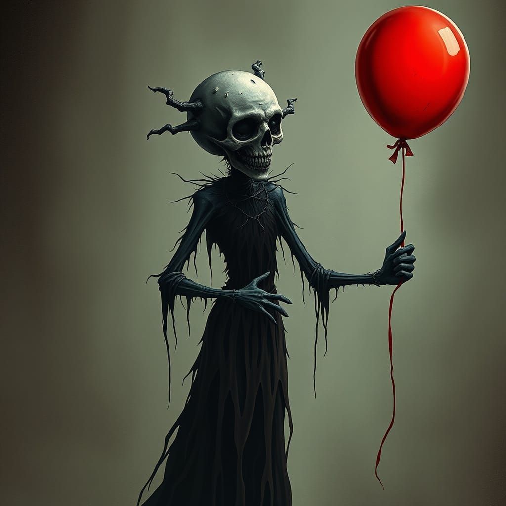 Mysterious Dark Figure with Red Balloon in Haunting Fantasy ...