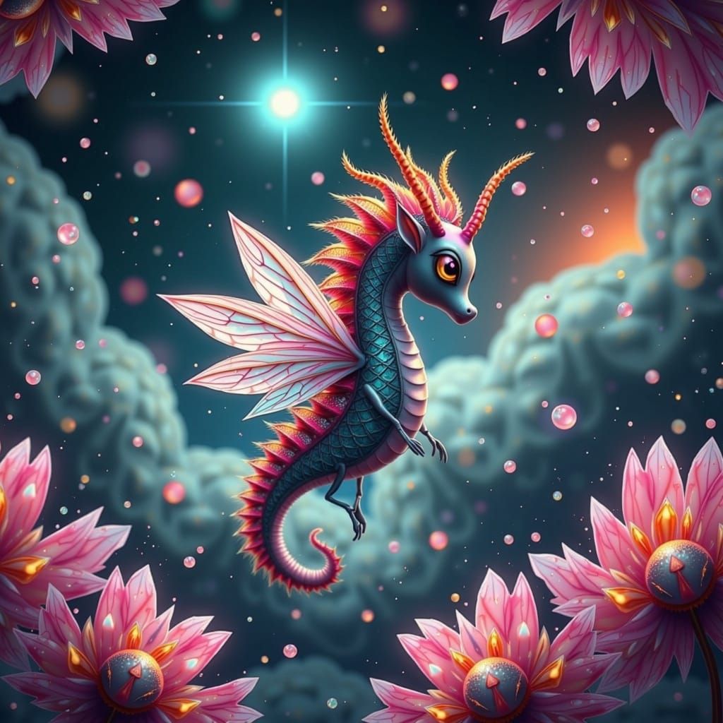 Whimsical Iridescent Seahorse Soars Through Dreamy Landscape