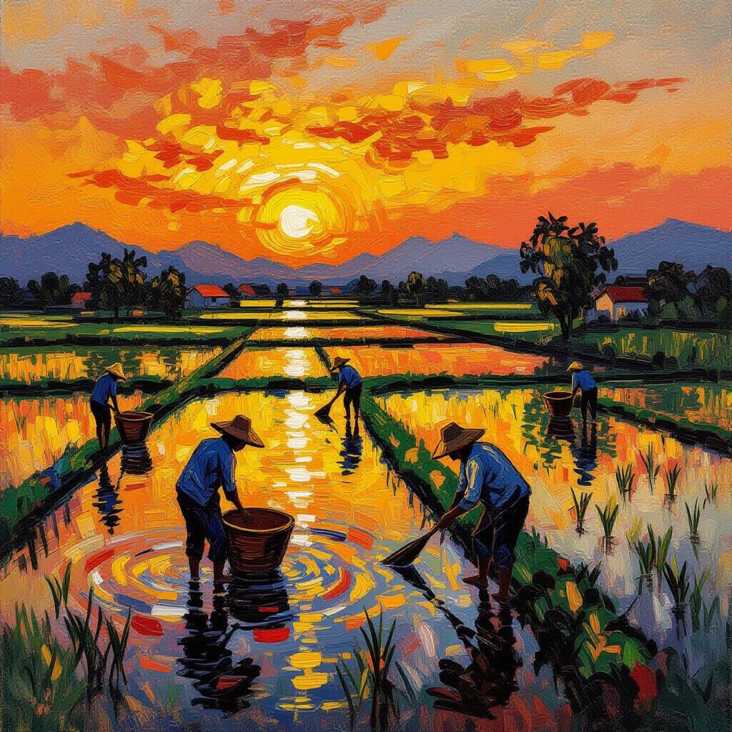 Van Gogh Style Farmers in Vietnamese Rice Fields at Sunset