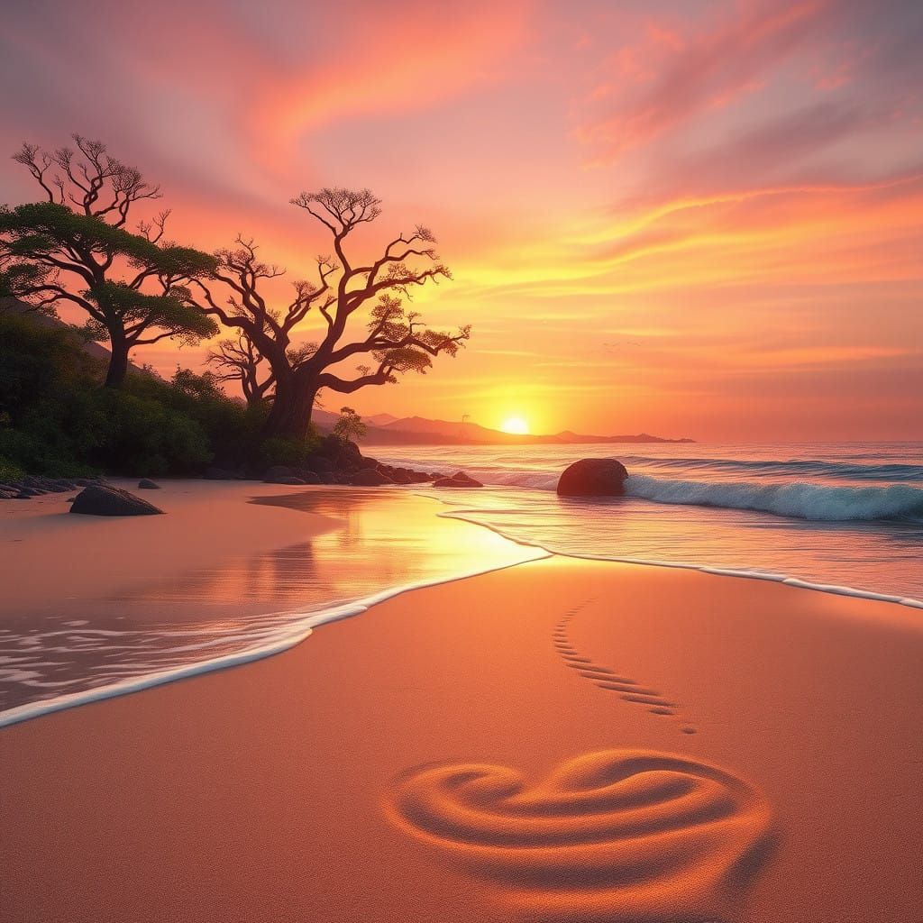 Serene Beach at Dawn in Vibrant, Dreamlike Style