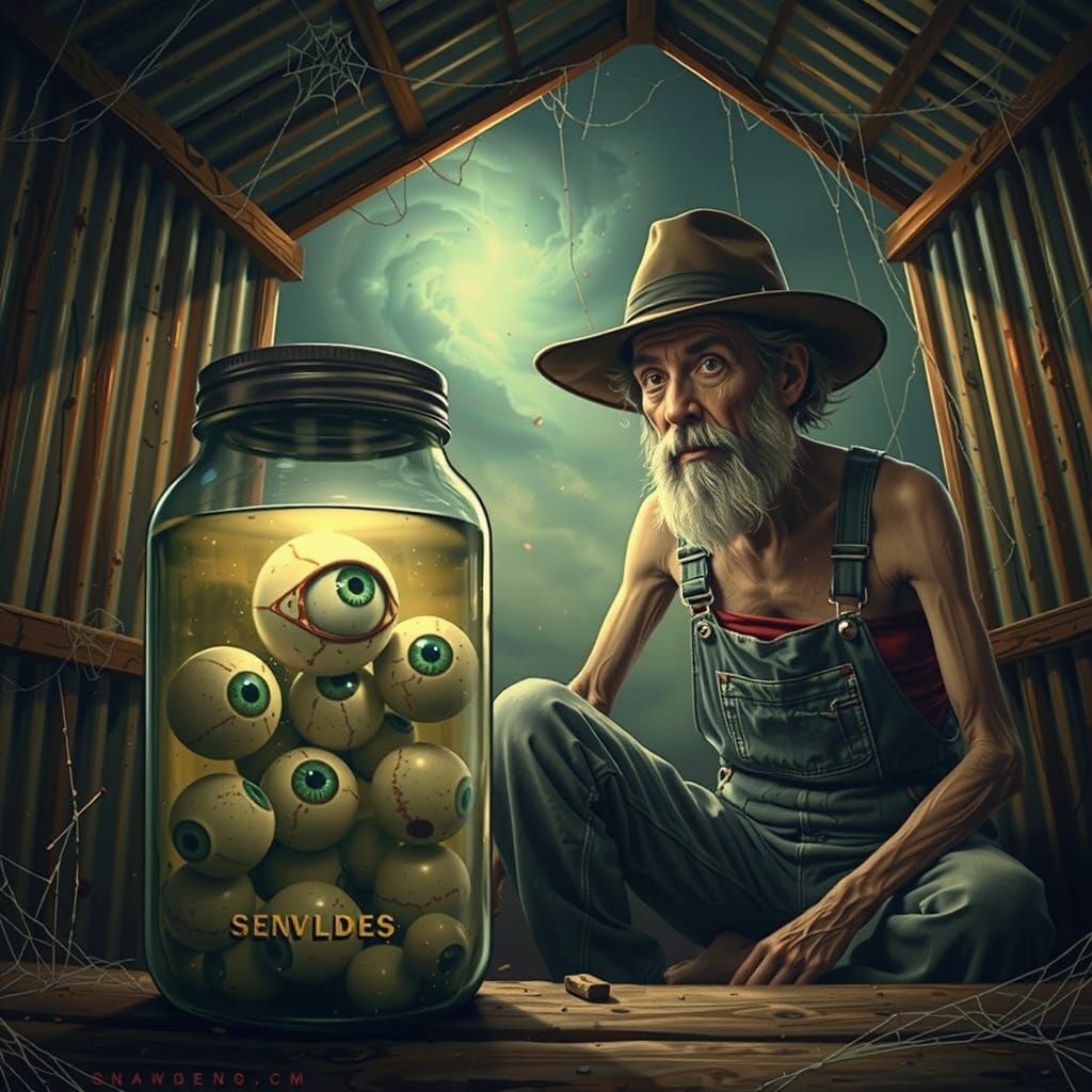 Folk Horror Scene in a Dimly Lit Shed