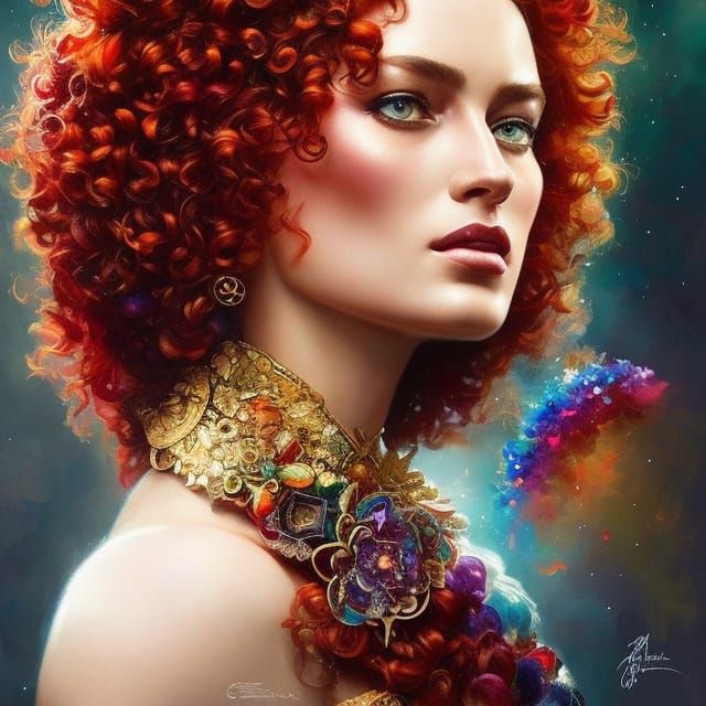 Red-Haired Queen with Rainbow Gems, Digital Art