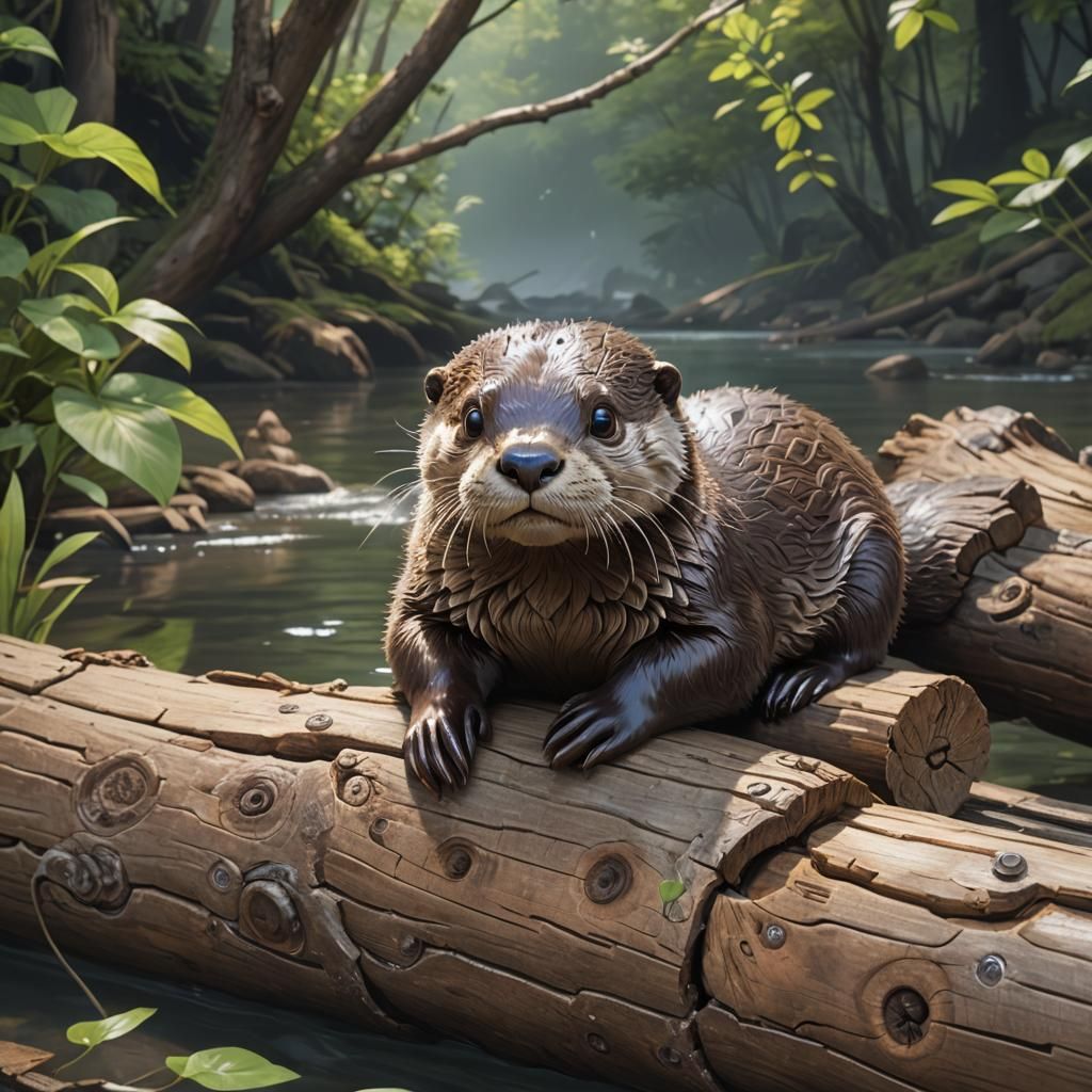 Googly-Eyed Otter on River Log: 3D Anime Art