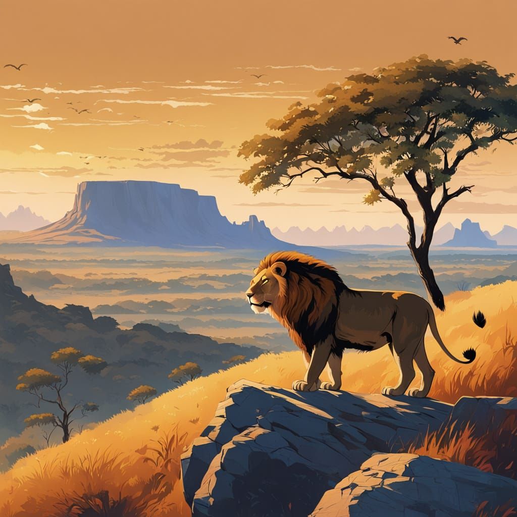 Majestic Lion Standing Tall in the Golden Savannah