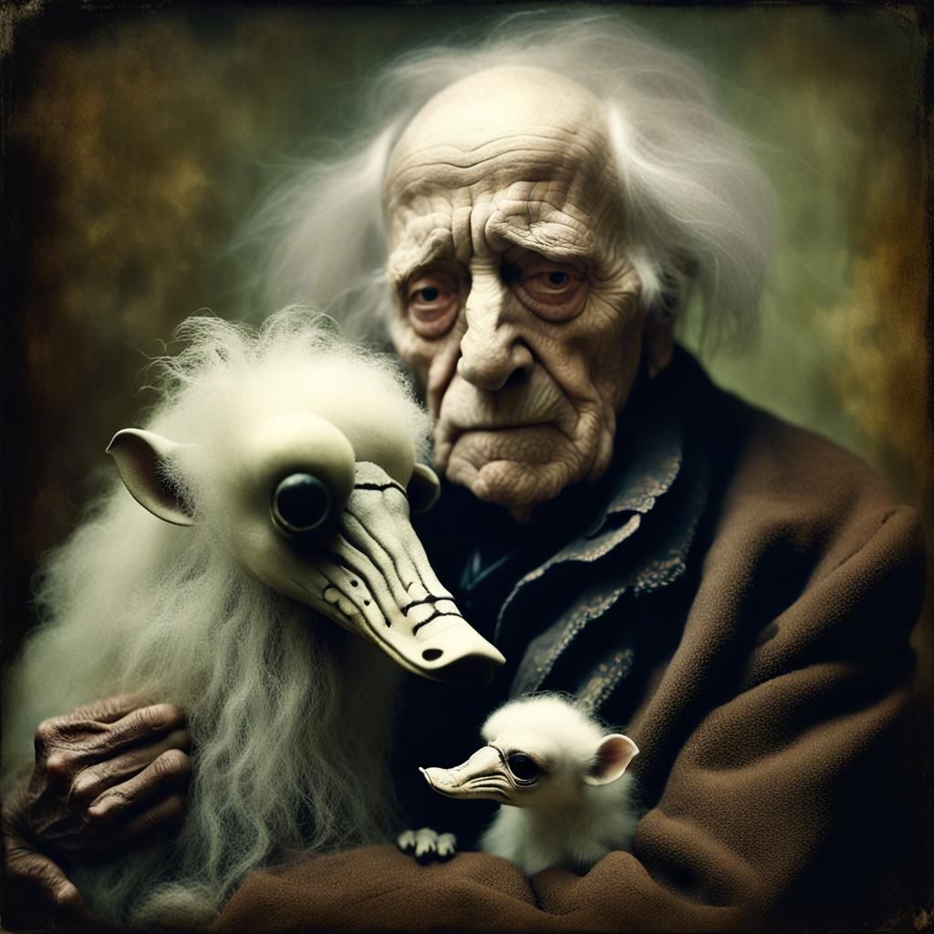 Old Man Cuddling Pale Fluffy Beasts: Haunting Photograph