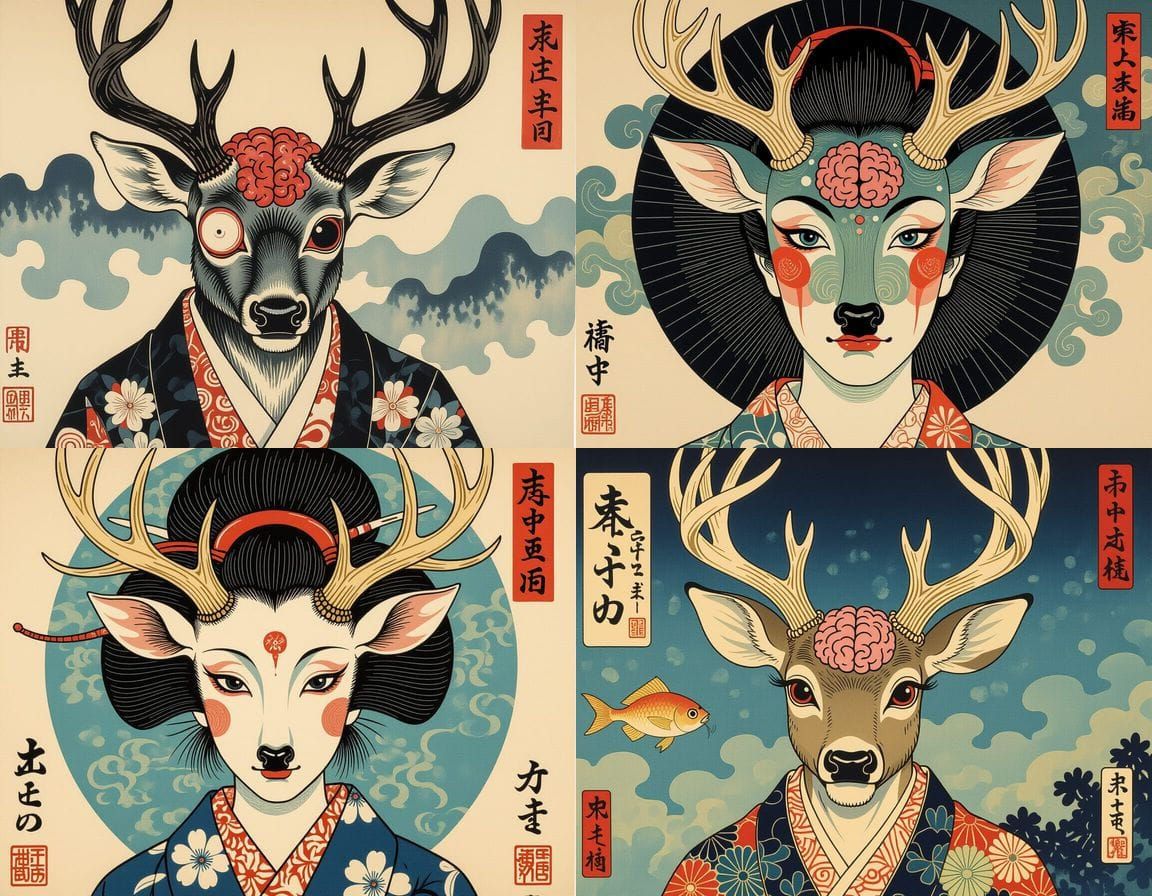 Grotesque Mutant Deer: Ukiyo-e Surreal Horror
