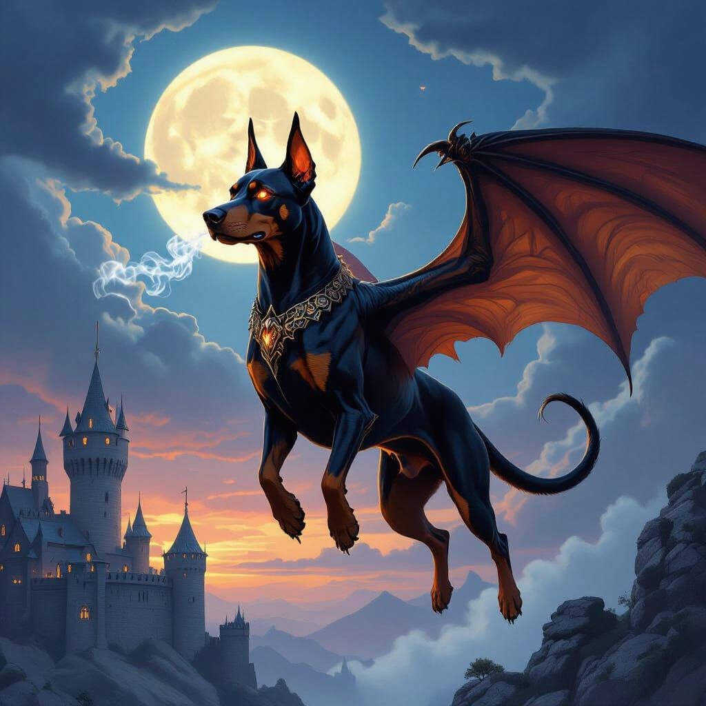 Doberman Dragon Soars Near Twilight Castle