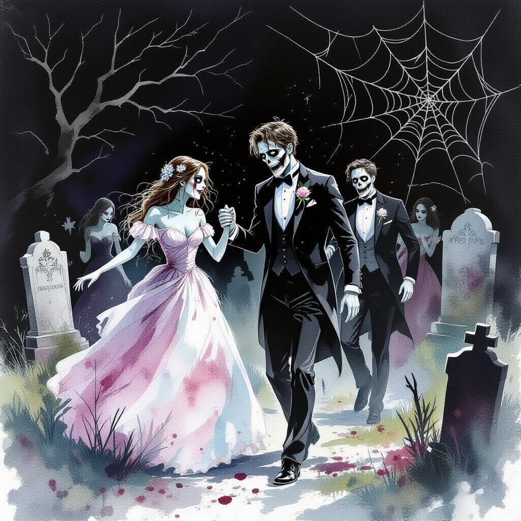 Zombies Host Ethereal Graveyard Prom in Watercolor Style