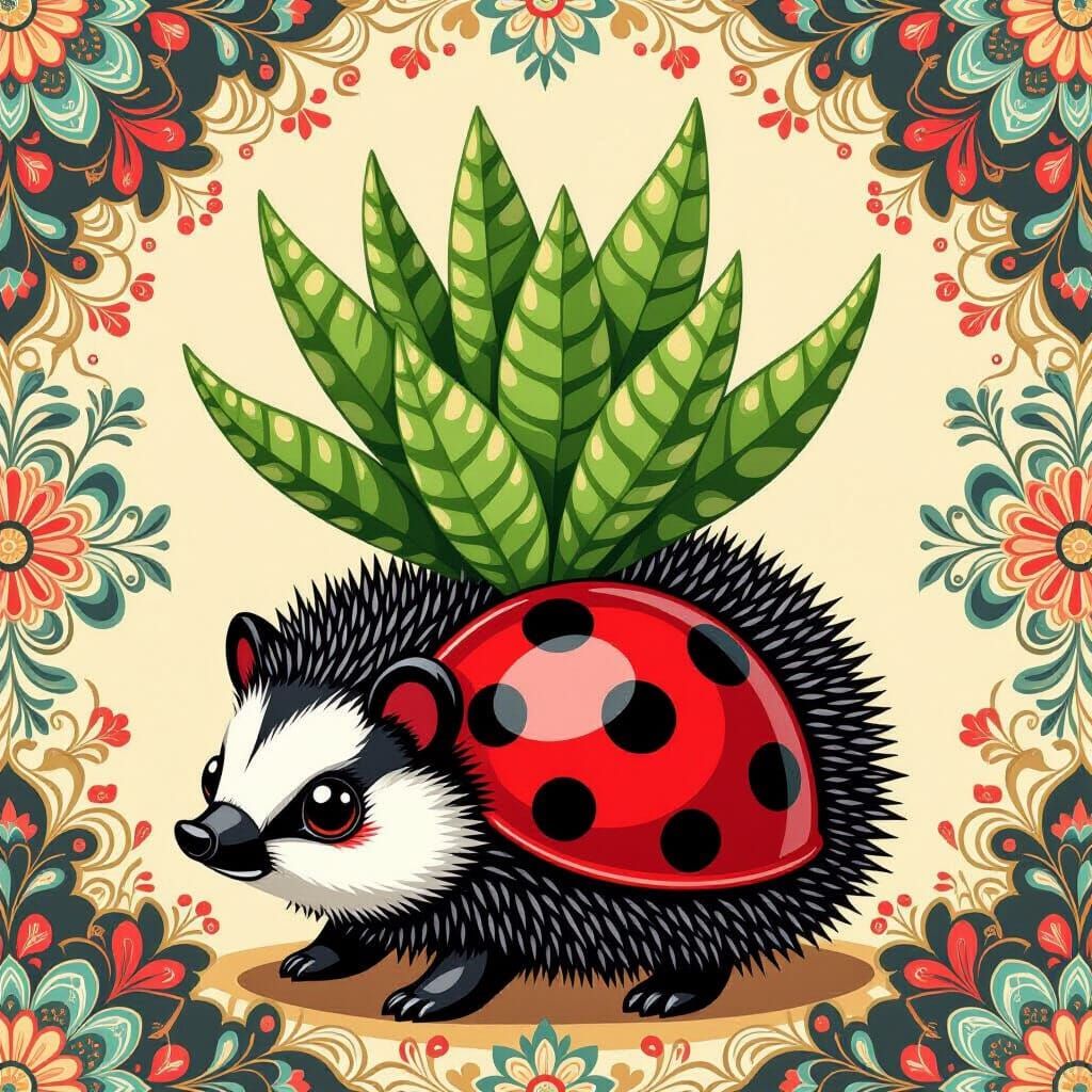 Ladybug and Jade Plant in Abstract Style