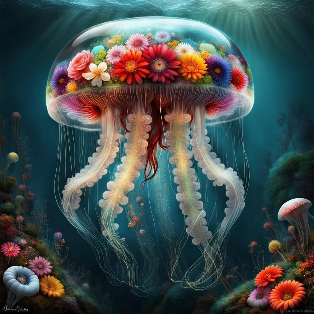 Surreal Glass Jellyfish with Flower Insides