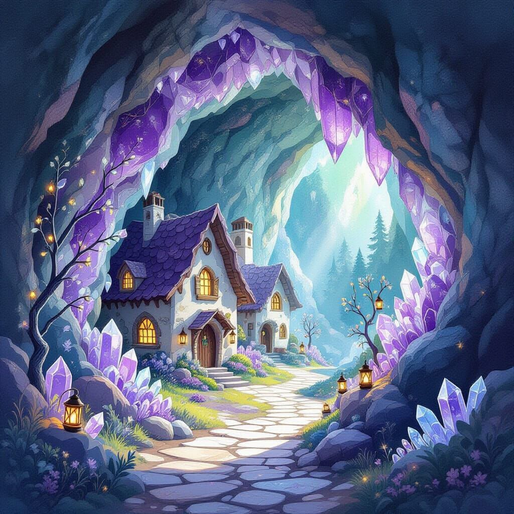 Whimsical Village Inside Amethyst Geode in Watercolor Style