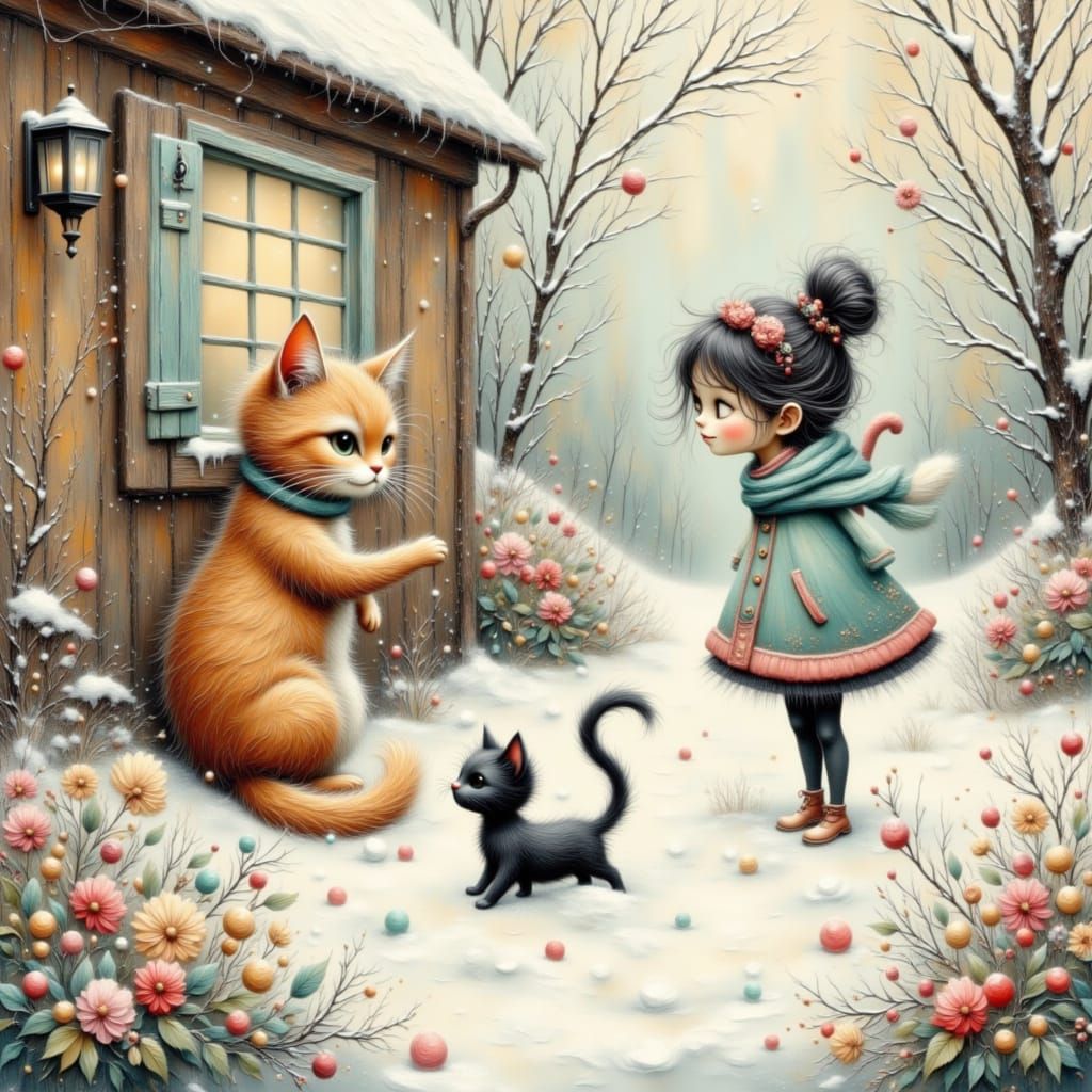 Whimsical Kittens Play in Snow with Girl Watching