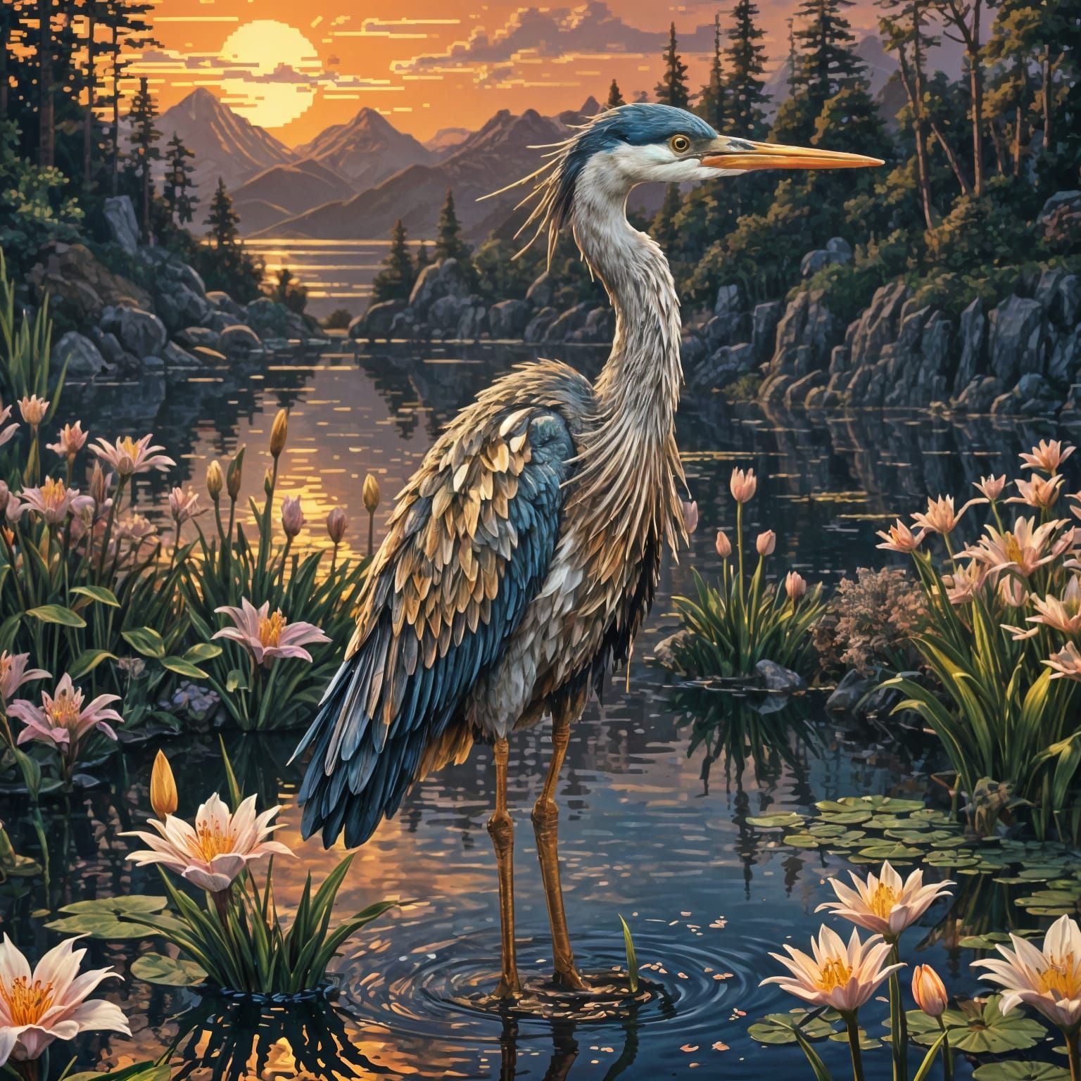 Steampunk Pixel Heron in Pixelated Sunset