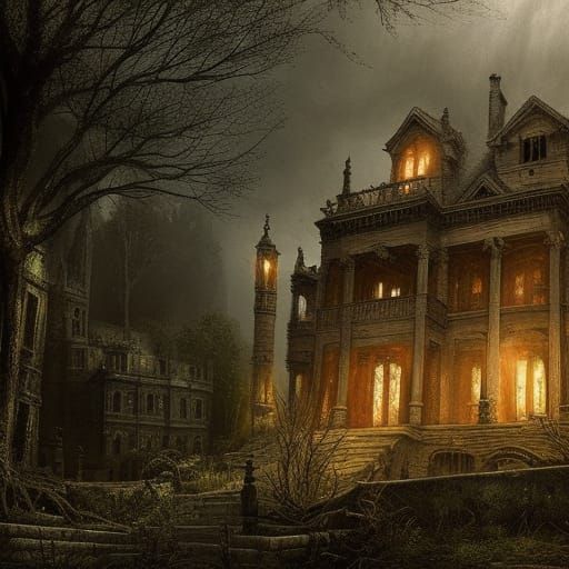 Haunted Mansion in Ruins Pencil Sketch