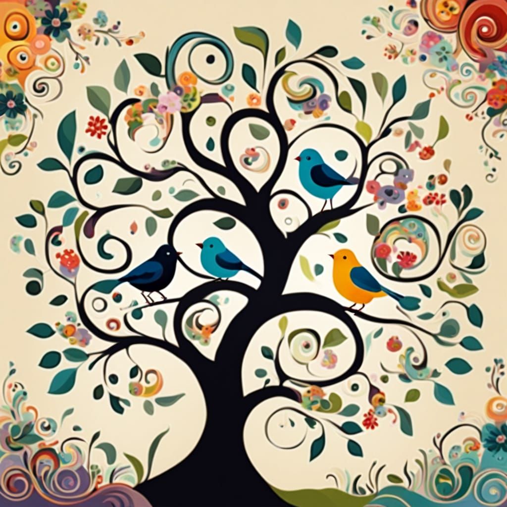 Klimt-Style Tree with Birds and Flowers