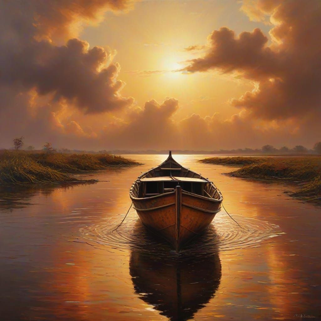 Vibrant Oil Painting of a Rusty Boat in a Dreamlike Amazonia...