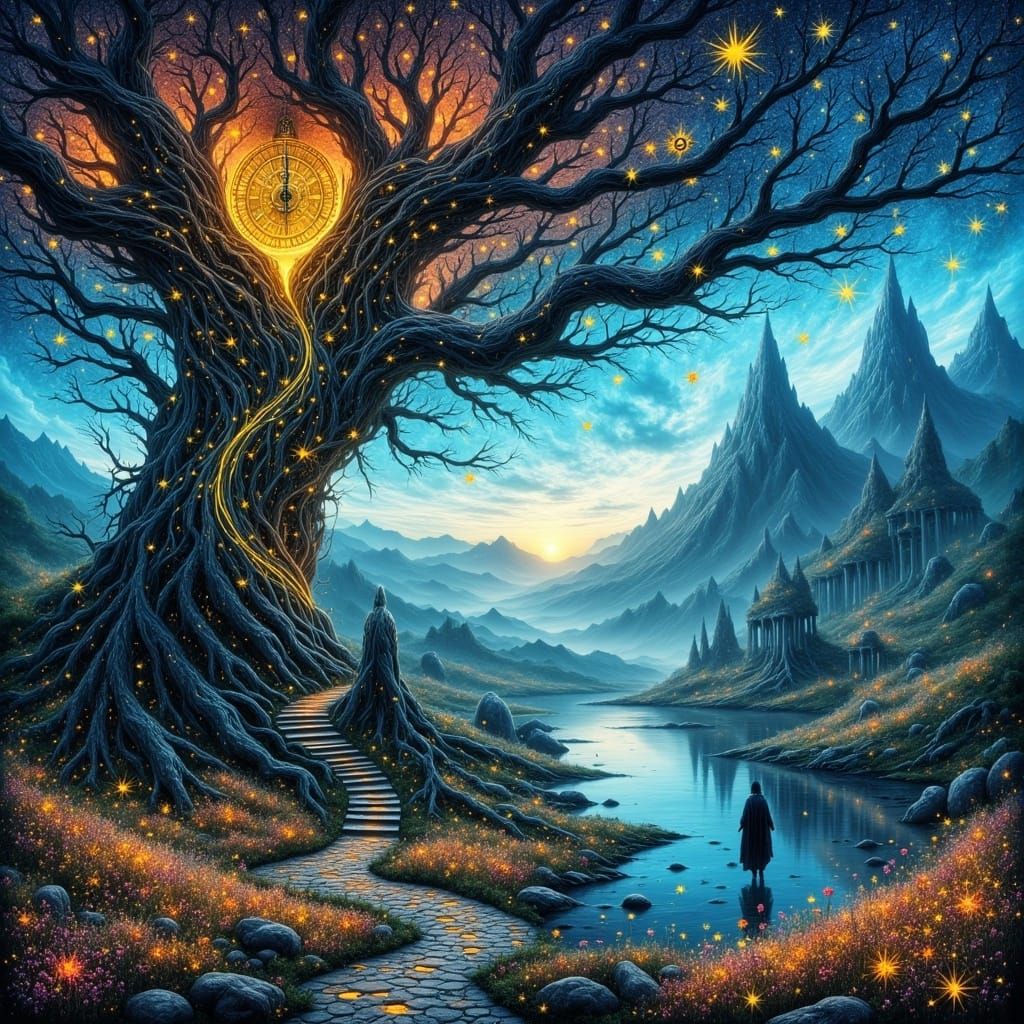 Surreal Tree with Runes and Glass Butterflies