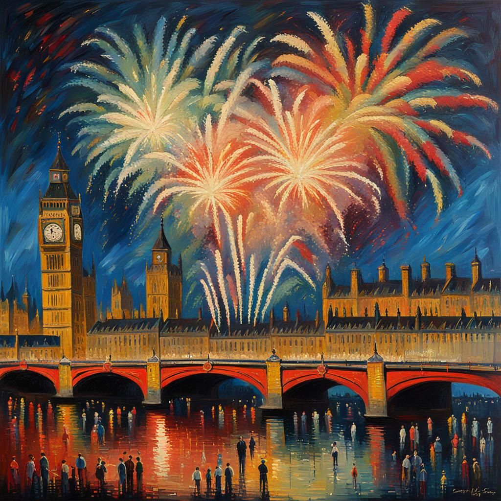 London Fireworks Display in Expressionist Oil Painting