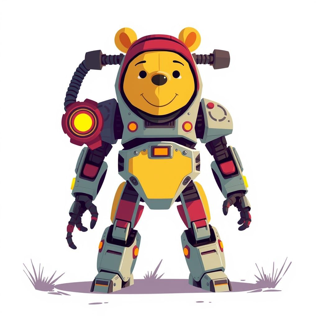 Robotic Winnie the Pooh in Flat Game Style