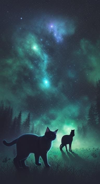 Cosmic Cat Silhouette in Forest Landscape