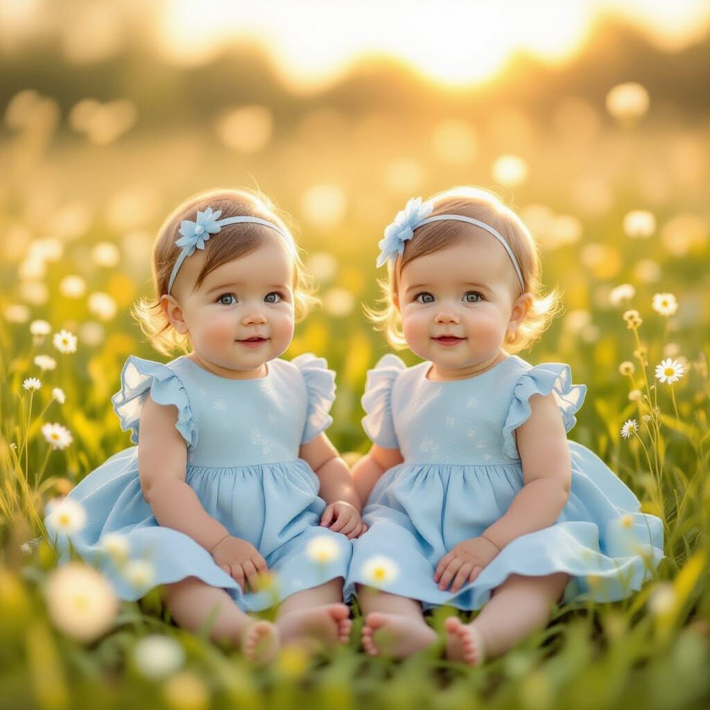 Adorable Baby Twins in Ruffled Dresses in Wildflower Meadow