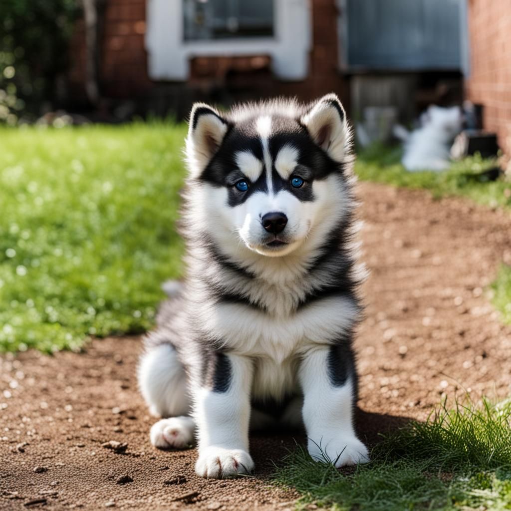 Fluffy Husky Puppy in Backyard