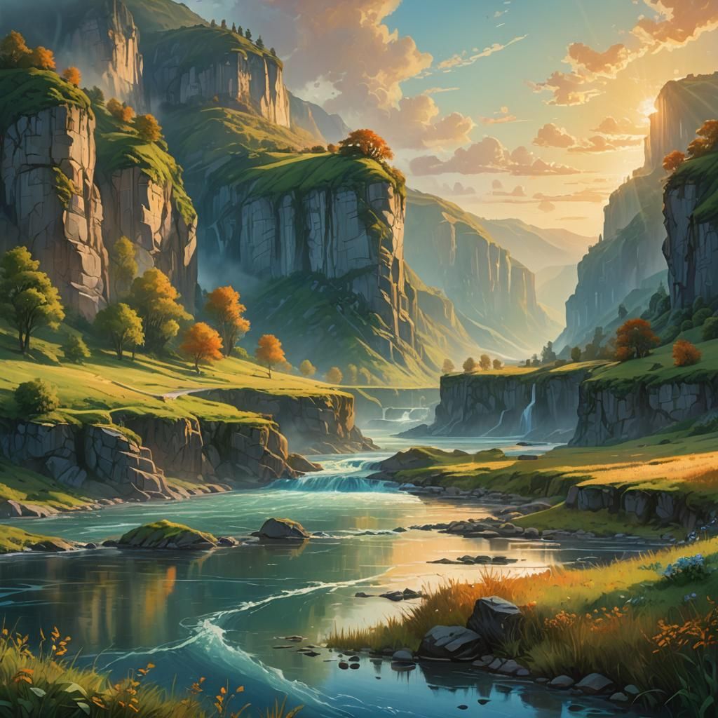 Majestic River Flows to Sea: Fantasy Landscape