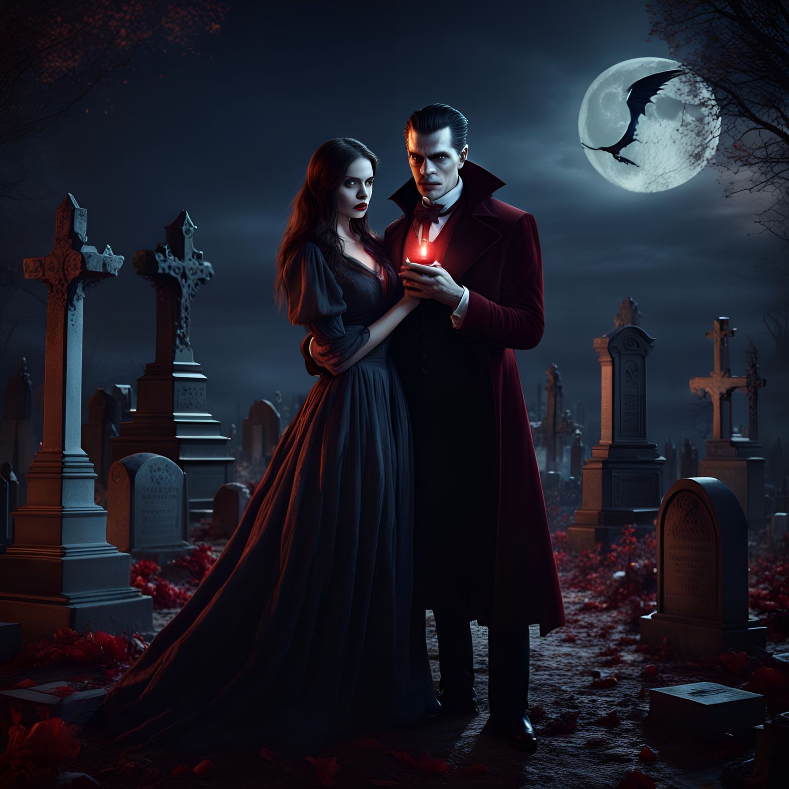 Vampire in Cemetery with Woman: Dark Romance Art