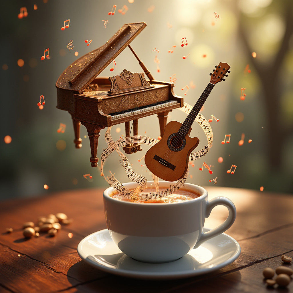 Musical Instruments Emerge From Coffee Cup: Dreamlike Digita...