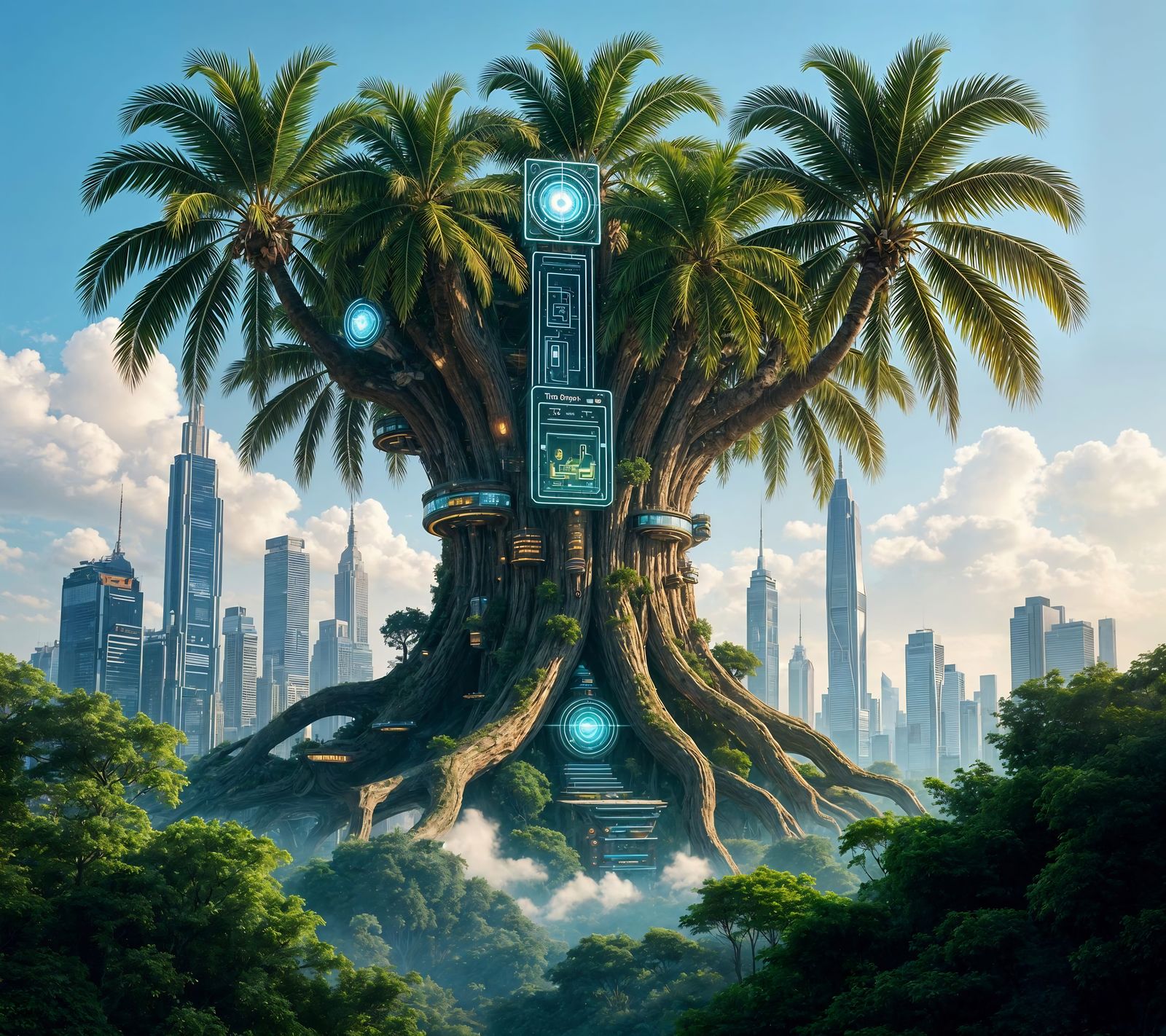 Futuristic Solarpunk City Nestled in Ancient Tree