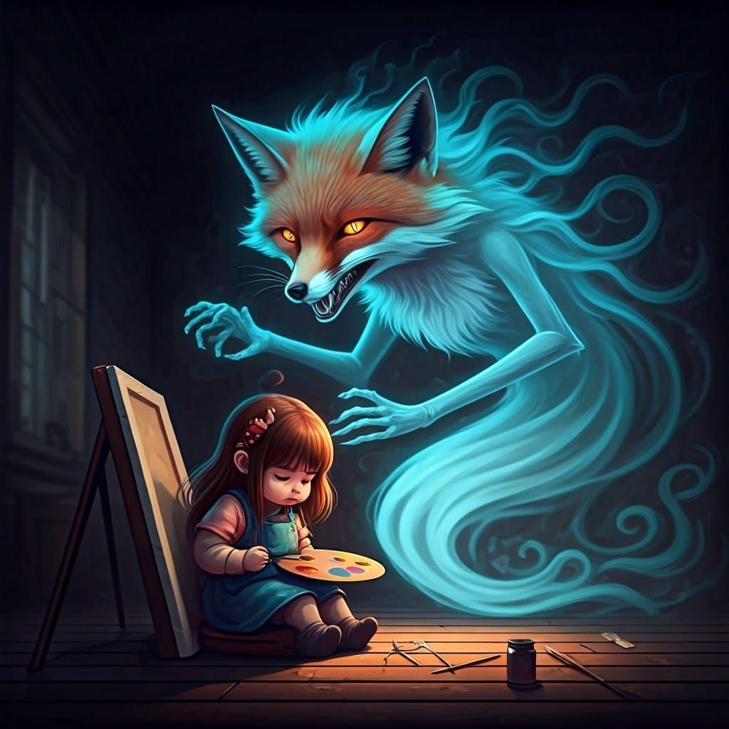 Fox Ghost Torments Gnome Girl in Fusion Art