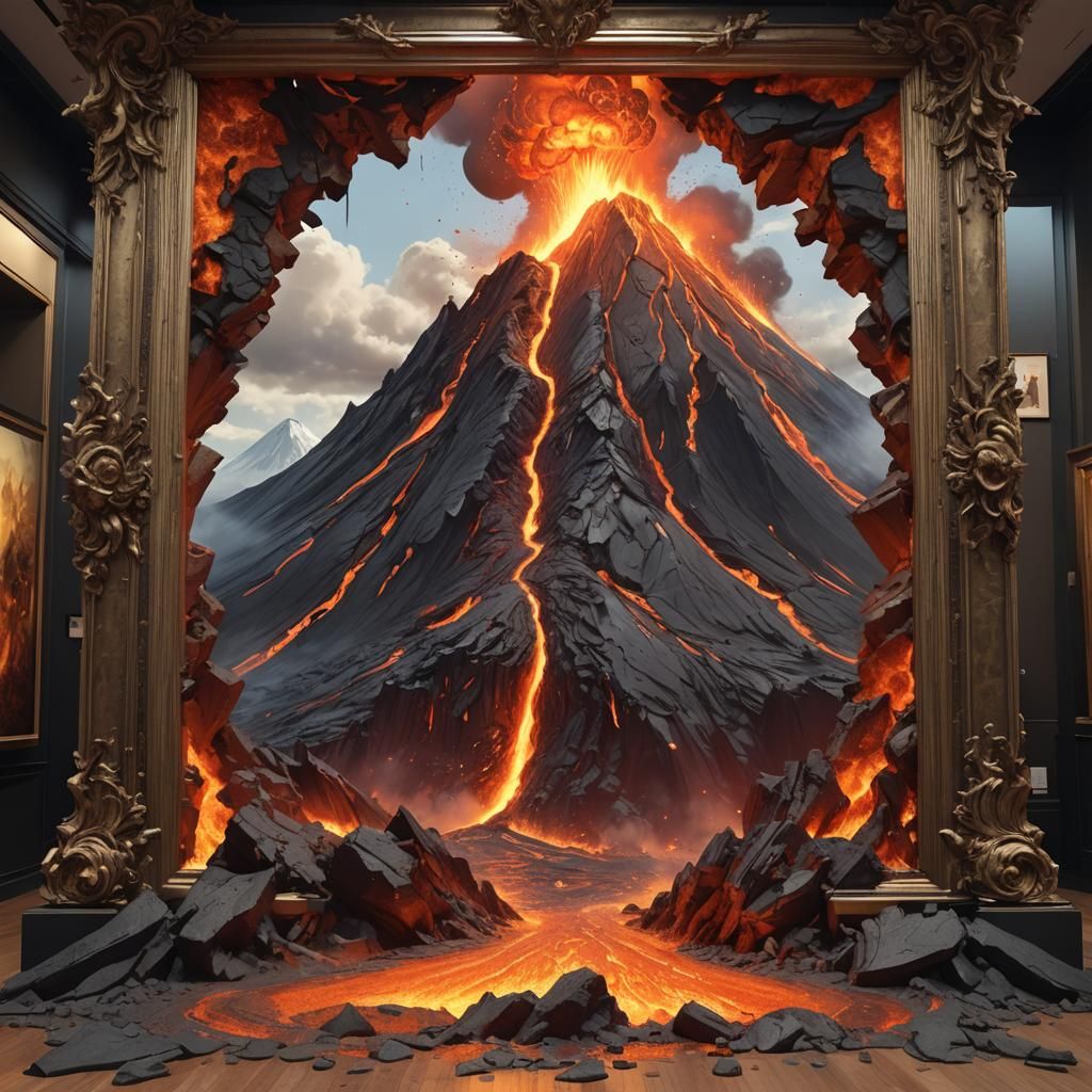 Volcano Eruption in Art Gallery, Hyperdetailed Portrait