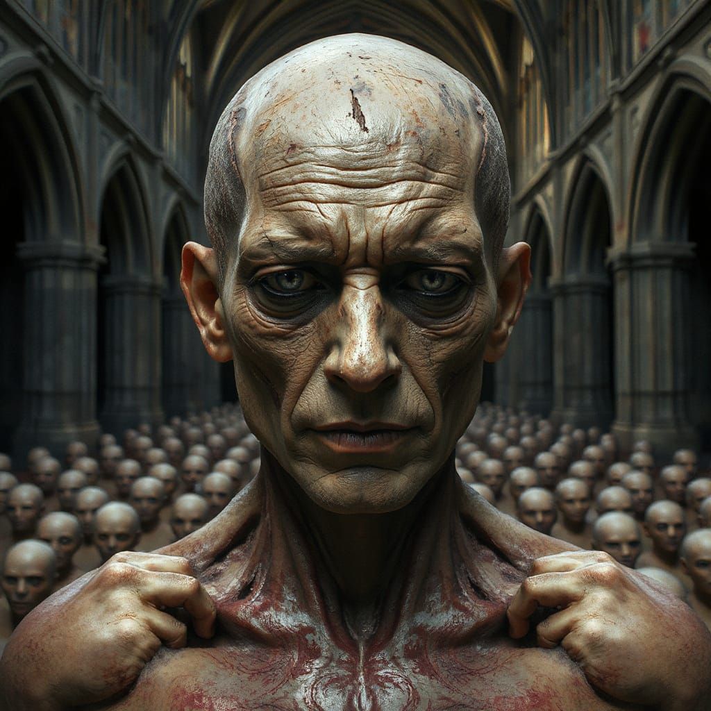 Decaying Figure in Gothic Cathedral, Macabre Art Style