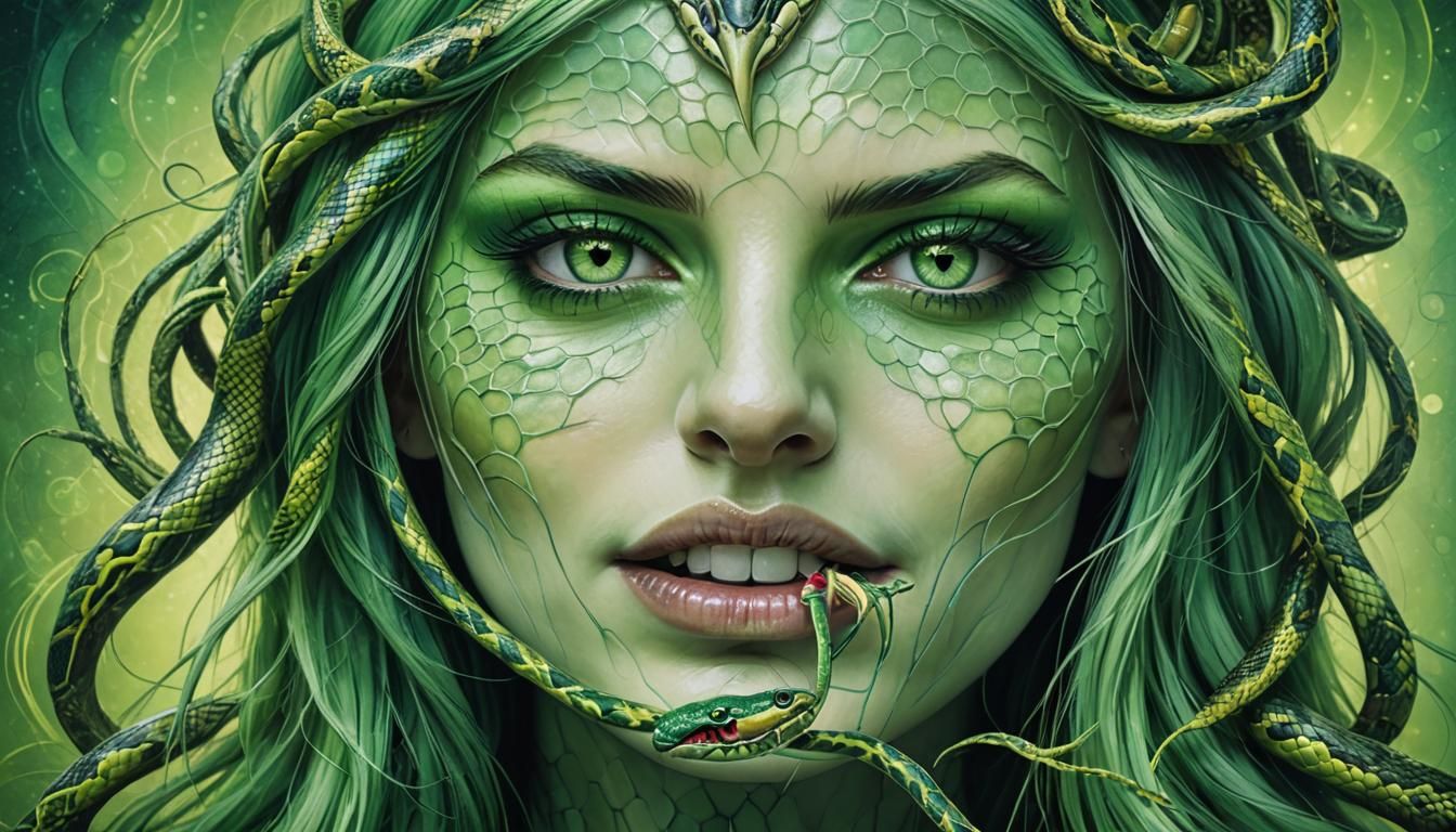 Surreal Green-Haired Woman Portrait in Digital Painting Styl...