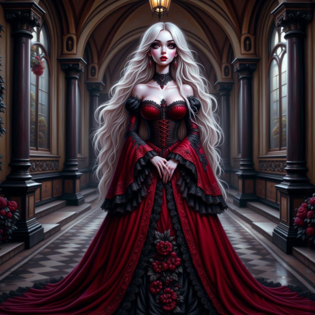 Stately Vampire Queen in Gothic Cathedral Hallway