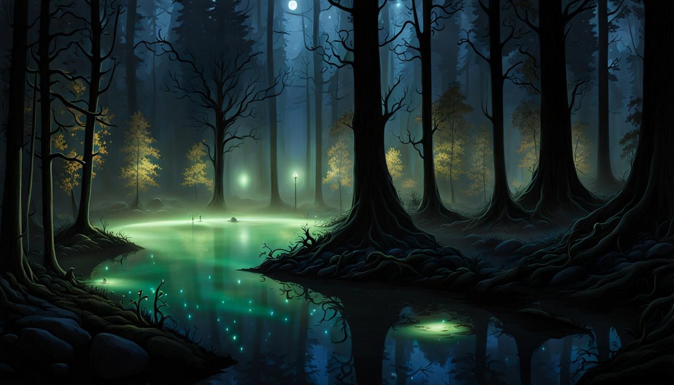 Luminous Will-o'-the-Wisps Dance in Moonlit Forest